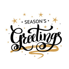 Season's Greetings brush calligraphy vector banner golden and black stars color