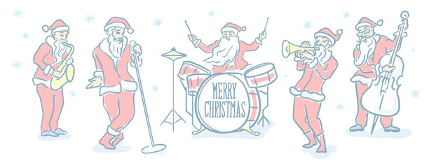 Santa Claus Christmas music band. Vector greeting card.