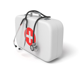 3d rendering of first aid medical box with a stethoscope isolated on white background, three-quarter view