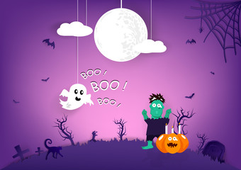 Halloween paper art, Boo! lettering message, pumpkin, spider, zombie, cat and spooky cartoon puppet characters with purple theme cute abstract background vector illustration