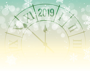Fototapeta na wymiar New Year 2019 golden shiny bokeh background poster with clock and confetti. Vector festive christmas card