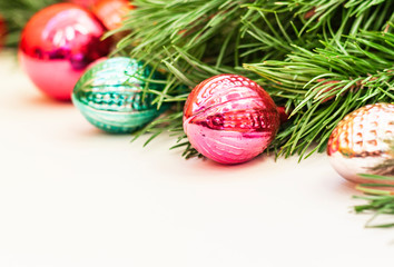 Christmas composition with retro decoration on white wooden background with copy space for your text