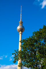 Berlin, Germany - Panoramic view of the Television Tower - Fernsehturm - at the Alexanderplatz square in the Mitte quarter of Berlin