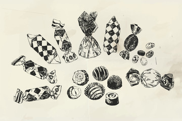 Ink drawn assorted candies, vintage illustration drawn on old paper