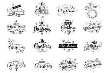 Set of Merry Christmas and 2019 Happy New Year card, sticker Set quotes with snowflakes, snowman, santa claus, candy, sweet candy, cookies. Vector. Vintage typography design for xmas, new year emblem