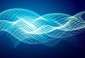 Abstract blue digital landscape with flowing particles. Cyber or technology background.