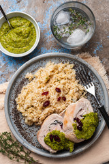 Sliced Chicken Roll with Cranberries, Pesto and Rice.