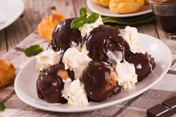 Chocolate profiteroles.