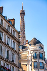 PARIS, FRANCE, on OCTOBER 26, 2018. City architecture and Eiffel Tower (fr. tour Eiffel) in the...