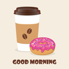Coffee to go and donut. Vector illustration for discount voucher, flyer, cafe menu, advertising poster.