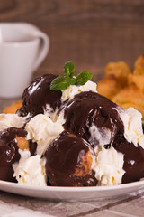 Chocolate profiteroles.