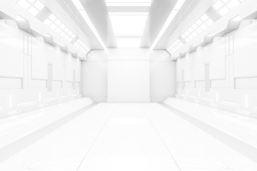 Futuristic tunnel with light. White Spaceship corridor interior view.Future background, business, sci-fi or science concept. 3D Rendering.