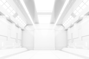 Futuristic tunnel with light. White Spaceship corridor interior view.Future background, business, sci-fi or science concept. 3D Rendering.