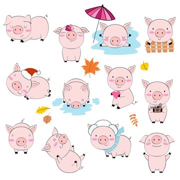 Vector set of cartoon pink pigs in various poses and different emotions.