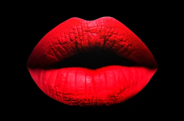 Fotobehang Red lips. Sensual lips in black background. Sexy texture lips and matte lipstick. Purple matt lipstick. Lip isolated. © Volodymyr