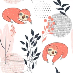 Wall murals Sloths Seamless pattern. Vector hand drawn illustration with funny sloths.