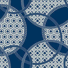 seamless vector circle blue pattern with japanese ornaments. design for wrapping, print, interior, textile - 238401586
