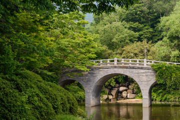 The beautiful scenery with bridge over the pond  and trees in the park of Bulguksa temple, Gyeongju, South Korea.