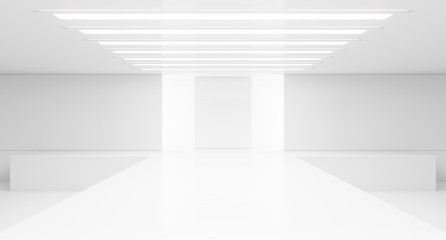 Empty white interior. Fashion podium. Catwalk runway stage. Elegance pedestal platform. 3D Rendering