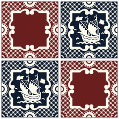 Vintage traditional ceramic mosaic with sailboat floating on waves. Vector illustration with ship for printing on fabric or paper. Ornament in Dutch tiles Style. Universal seamless pattern fills. 