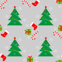 New Year Christmas winter holidays color seamless pattern with gifts, candy, christmas tree and snowflakes