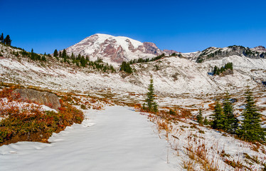 snow covered trail in mountains