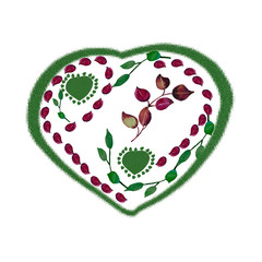 Watercolor banner of multicolored hearts with an unusual pattern isolated on a white background with green and red leaves.