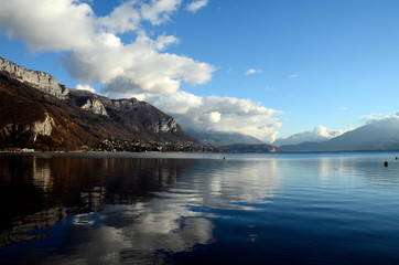 Snow landscape, Annecy lake in winter, Savoy