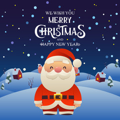 Cute cartoon Santa Claus character Merry Christmas and Happy New Year background