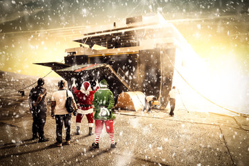 Santa Claus with few people. Winter photo with snow 