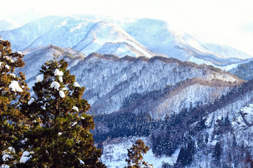 beautiful view in winter from Yamadera mountain in Yamagata Japan
