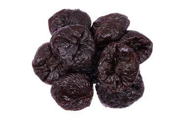 Close up picture of dried plums isolated on white.
