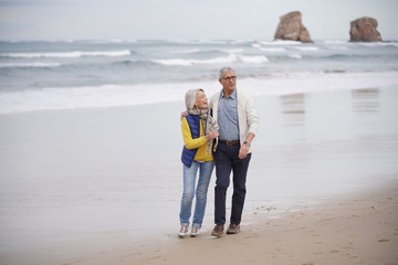  Happy senior couple walking together on the beach
