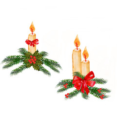 Christmas decorations from fir branches, green holly, red berries and bows, snowflakes and candles. Handmade beautiful design for the New Year. Wa