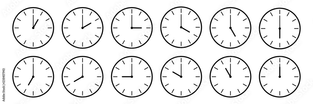 Wall mural horizontal set of analog clock icon notifying each hour isolated on white,vector illustration