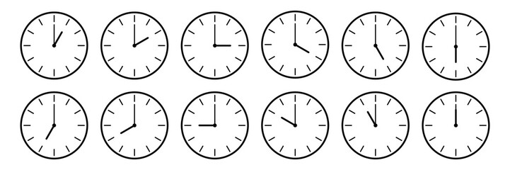 horizontal set of analog clock icon notifying each hour isolated on white,vector illustration - obrazy, fototapety, plakaty