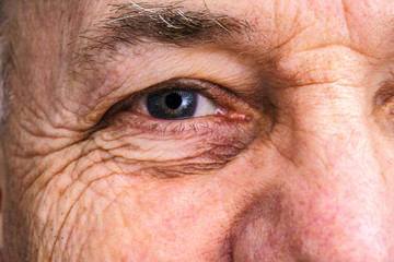Close up of a smiling older man's eye. - 238408113
