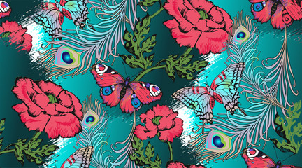 Pattern of peacock feathers, leaves and butterflies. Vector illustration. Suitable for fabric, wrapping paper and the like
