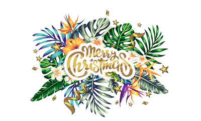 Fototapeta na wymiar Christmas decorations in tropical style of palm leaves and tropical flowers decorations for the new year