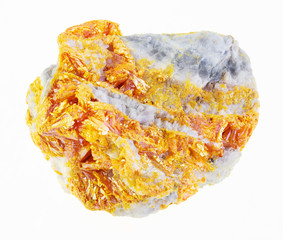 Orpiment crystals on raw dolomite stone on white