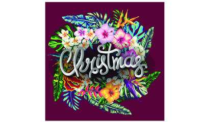 Christmas decorations in tropical style of palm leaves and tropical flowers decorations for the new year