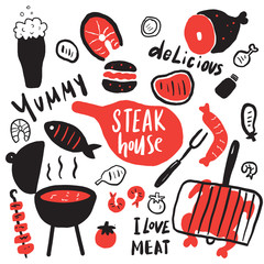 Steak house. Funny hand drawn elements and phrases about tasty food. Grill, barbeque, steak restaurant design concept. Isolated on white background, made in vector.
