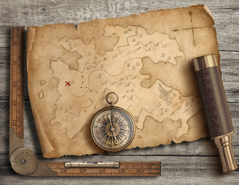 Fototapeta Old medieval island map with compass and spyglass. Adventure and travel concept. 3d illustration.