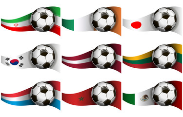 Illustration with soccer ball and flag of Iran, Ireland, Japan, Korea, Latvia, Lithuania, Luxembourg, Marocco, Mexico