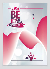 Birthday joyful and bright vector greeting card. Includes lettering composition and balloons combined with wavy fluid colorful shape abstract background.