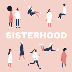 Sisterhood. Woman, girl. Gender equality. Feminism. Set of female characters in different poses. Flat editable vector illustration, clip art.