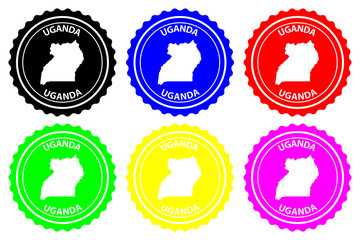 Uganda - rubber stamp - vector, Republic of Uganda map pattern - sticker - black, blue, green, yellow, purple and red