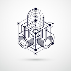 Abstract modern retro black and white 3D background, geometric futuristic shapes vector illustration. Abstract scheme of engine or engineering mechanism.