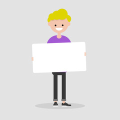 Young cartoon male character holding a sheet of white paper. Copy space. Flat vector illustration