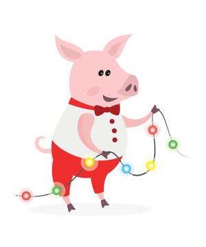 Cute pig with garland.